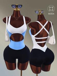 Amplova Women's Colorblock Cutout Design Sleeveless Sports Romper - Blue - View 2