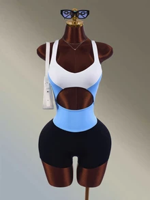 Amplova Women's Colorblock Cutout Design Sleeveless Sports Romper - Blue - View 11