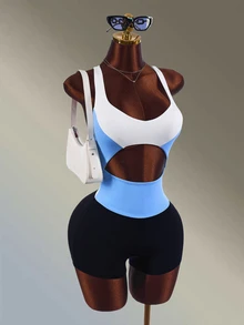 Amplova Women's Colorblock Cutout Design Sleeveless Sports Romper - Blue - View 5