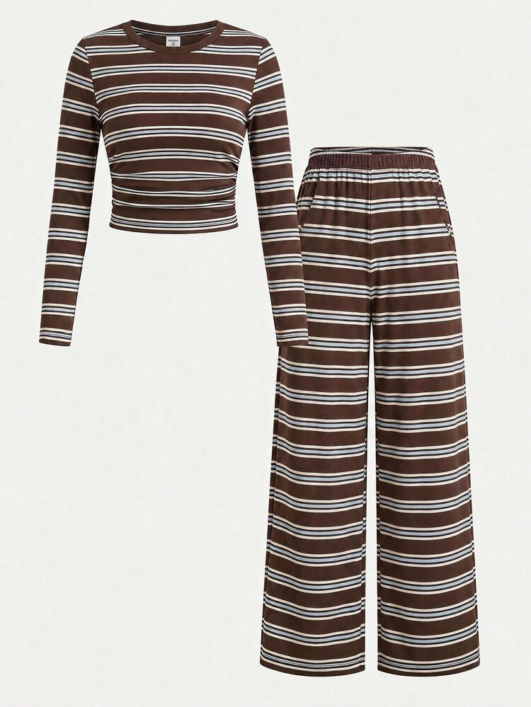 SHEIN Kids Tween Girl Striped Long Sleeve T-Shirt And Pants Casual Daily Outfit - Coffee Brown - View 2