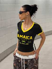 Fiercella Fiercella Women's Street Casual V-Neck Graphic Print Fitted Short Sleeve T-Shirt - Black - View 3