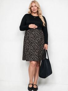 Plussiva 大尺碼孕婦拼色休閒日常夏季洋裝冬季穿搭女款秋季 - 黑色 - 查看 3
