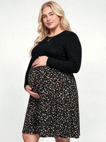 Plussiva 大尺碼孕婦拼色休閒日常夏季洋裝冬季穿搭女款秋季 - 黑色 - 查看 4
