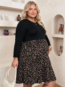 Plussiva 大尺碼孕婦拼色休閒日常夏季洋裝冬季穿搭女款秋季 - 黑色 - 查看 1