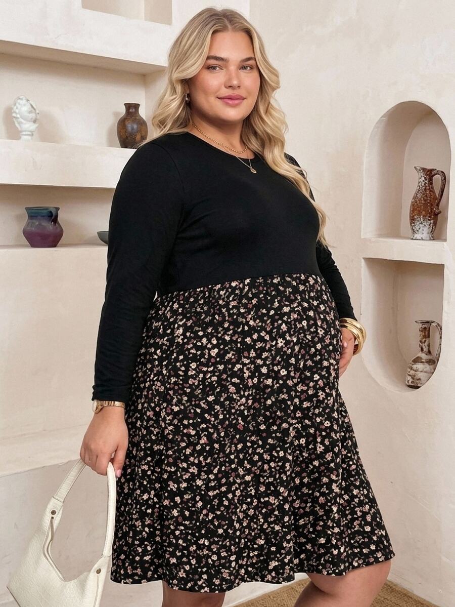 Plussiva 大尺碼孕婦拼色休閒日常夏季洋裝冬季穿搭女款秋季 - 黑色 - 查看 1