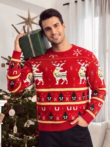 Sorvial Men's Deer Pattern Crew Neck Long Sleeve Casual Christmas Sweater - Red - View 9
