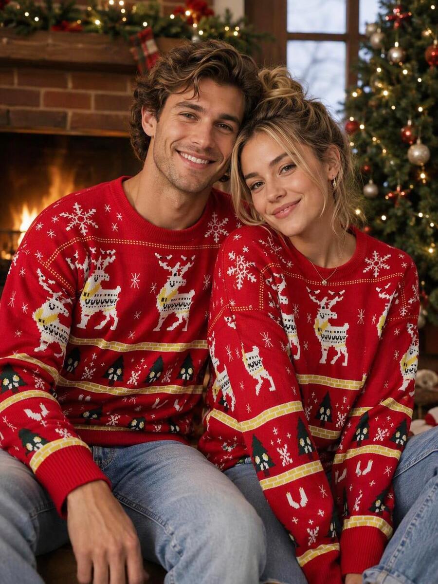 Sorvial Men's Deer Pattern Crew Neck Long Sleeve Casual Christmas Sweater - Red - View 1