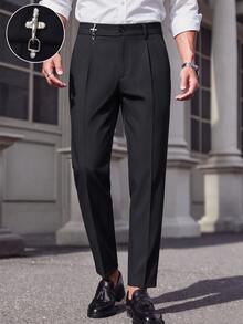 Manfinity Bizformal 男士黑色單褶飛機扣裝飾直筒西裝長褲，梭織西裝褲，商務休閒辦公正式長褲 - 黑色 - 查看 5