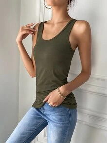SHEIN Tall 素色圓領背心上衣，高個女性適用 - 橄欖綠 - 查看 3