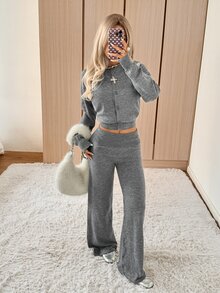 SHEIN EZwear Women's Autumn/Winter Casual Cardigan & Knitted Pants 2 Pieces Set - Light Grey - View 7