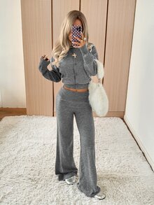 SHEIN EZwear Women's Autumn/Winter Casual Cardigan & Knitted Pants 2 Pieces Set - Light Grey - View 4