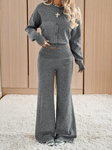 SHEIN EZwear Women's Autumn/Winter Casual Cardigan & Knitted Pants 2 Pieces Set - Light Grey - View 1