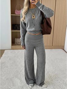 SHEIN EZwear Women's Autumn/Winter Casual Cardigan & Knitted Pants 2 Pieces Set - Light Grey - View 8