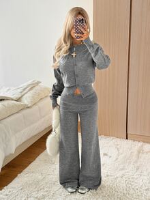 SHEIN EZwear Women's Autumn/Winter Casual Cardigan & Knitted Pants 2 Pieces Set - Light Grey - View 6