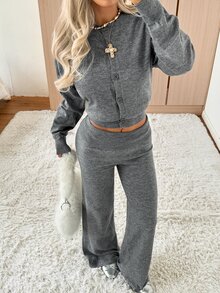 SHEIN EZwear Women's Autumn/Winter Casual Cardigan & Knitted Pants 2 Pieces Set - Light Grey - View 5