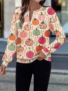 SHEIN LUNE Women's All-Over Print Casual Versatile Daily Wear Long Sleeve Sweatshirt - White - View 3