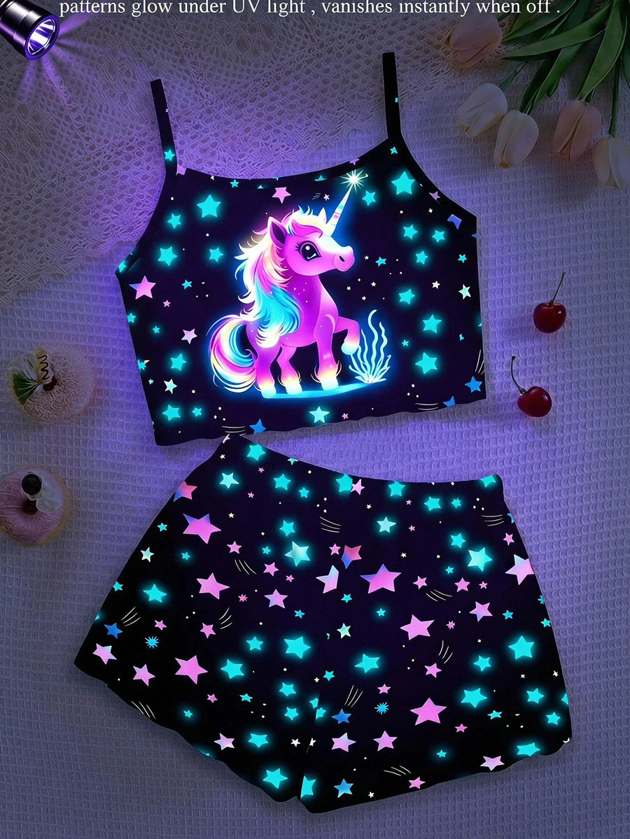SHEIN 1 Random Sets Young Girls Cartoon Unicorn Print Tight Fit Short Sleeve Shorts Pajama Sets, Glow-In-The-Dark Under UV Light, Snug Fit