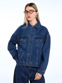COUREZ Oversized Denim Jacket For Women,Navy Blue Autumn Casual Everyday Mid Blue Wash Y2K Spring Streetwear Street Party Rave Summer Jackets - Blue - View 2