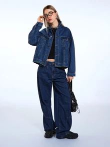 COUREZ Oversized Denim Jacket For Women,Navy Blue Autumn Casual Everyday Mid Blue Wash Y2K Spring Streetwear Street Party Rave Summer Jackets - Blue - View 3