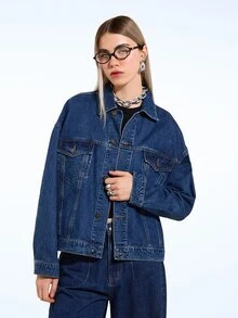 COUREZ Oversized Denim Jacket For Women,Navy Blue Autumn Casual Everyday Mid Blue Wash Y2K Spring Streetwear Street Party Rave Summer Jackets - Blue - View 6