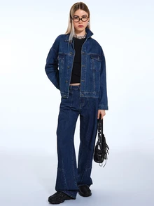 COUREZ Oversized Denim Jacket For Women,Navy Blue Autumn Casual Everyday Mid Blue Wash Y2K Spring Streetwear Street Party Rave Summer Jackets - Blue - View 7