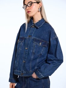 COUREZ Oversized Denim Jacket For Women,Navy Blue Autumn Casual Everyday Mid Blue Wash Y2K Spring Streetwear Street Party Rave Summer Jackets - Blue - View 8