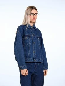 COUREZ Oversized Denim Jacket For Women,Navy Blue Autumn Casual Everyday Mid Blue Wash Y2K Spring Streetwear Street Party Rave Summer Jackets - Blue - View 5