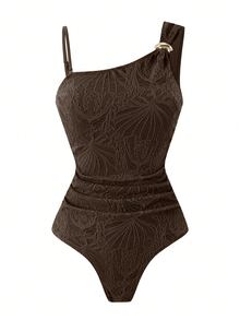 SHEIN Swim 女款休閒度假海灘派對優雅棕色特殊面料不對稱肩帶老錢風鄉村戶外風連身泳衣夏季新款 - 咖啡棕 - 查看 3