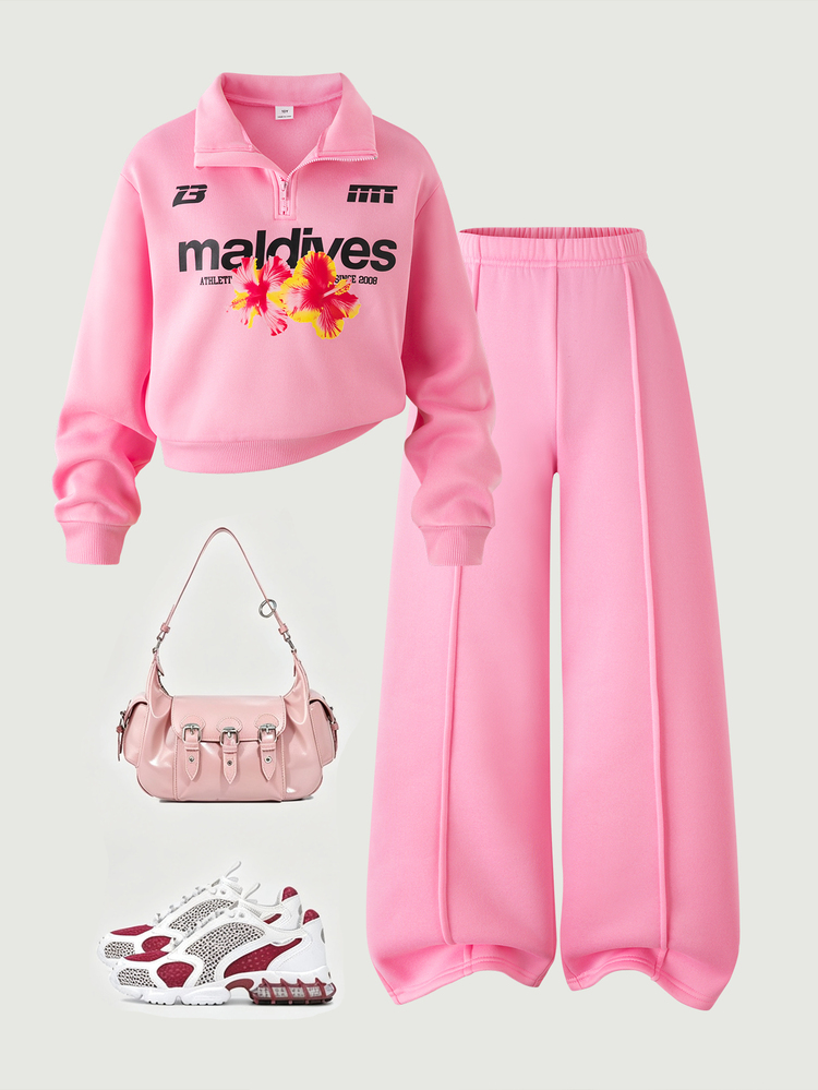 SHEIN Girls American Cool Sports Outfit Athletic Cute Fall Half-Zip Polo Collar Cropped Sweatshirt Wide Leg Sweatpants Two Pieces Set School Pink Off Campus - Pink - View 1