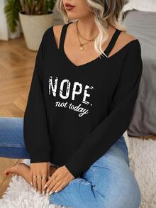 Nubod Plus V-Neck Cold Shoulder Graphic Printed Long Sleeve Pullover,Black White,Fall Winter,Casual, Elegant Minimalist Sweatshirt Teacher Graduation - Black - View 8