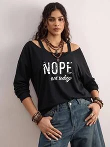 Nubod Plus V-Neck Cold Shoulder Graphic Printed Long Sleeve Pullover,Black White,Fall Winter,Casual, Elegant Minimalist Sweatshirt Teacher Graduation - Black - View 1