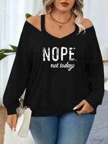 Nubod Plus V-Neck Cold Shoulder Graphic Printed Long Sleeve Pullover,Black White,Fall Winter,Casual, Elegant Minimalist Sweatshirt Teacher Graduation - Black - View 7