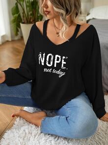 Nubod Plus V-Neck Cold Shoulder Graphic Printed Long Sleeve Pullover,Black White,Fall Winter,Casual, Elegant Minimalist Sweatshirt Teacher Graduation - Black - View 4