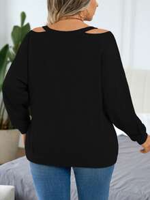 Nubod Plus V-Neck Cold Shoulder Graphic Printed Long Sleeve Pullover,Black White,Fall Winter,Casual, Elegant Minimalist Sweatshirt Teacher Graduation - Black - View 2