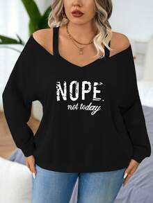 Nubod Plus V-Neck Cold Shoulder Graphic Printed Long Sleeve Pullover,Black White,Fall Winter,Casual, Elegant Minimalist Sweatshirt Teacher Graduation - Black - View 6