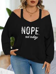 Nubod Plus V-Neck Cold Shoulder Graphic Printed Long Sleeve Pullover,Black White,Fall Winter,Casual, Elegant Minimalist Sweatshirt Teacher Graduation - Black - View 3