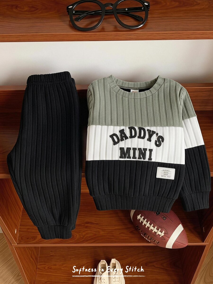Cozy Pixies Kids Baby Boy Colorblock Patchwork Letter Print Crew Neck Knitted Textured Long Sleeve Sweatshirt And Long Pants 2 Pieces Set, Suitable For Autumn/Winter, Casual Versatile - Multicolor - View 1