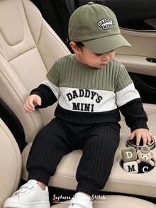 Cozy Pixies Kids Baby Boy Colorblock Patchwork Letter Print Crew Neck Knitted Textured Long Sleeve Sweatshirt And Long Pants 2 Pieces Set, Suitable For Autumn/Winter, Casual Versatile - Multicolor - View 2