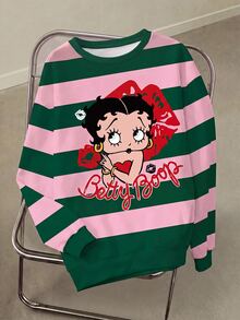 Betty Boop x SHEIN Plus Size Women's Autumn/Winter Casual Fashion Daily Commute Cartoon Character Red Lips Letter Contrast Color Striped Print Drop Shoulder Loose Thermal Lined Warm Sweatshirt - White - View 3
