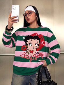 Betty Boop x SHEIN Plus Size Women's Autumn/Winter Casual Fashion Daily Commute Cartoon Character Red Lips Letter Contrast Color Striped Print Drop Shoulder Loose Thermal Lined Warm Sweatshirt - White - View 1