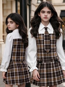 SHEIN 青少年女孩 2件套 格紋襯衫配領結與百褶裙套裝 校園家庭風 白色棕色格紋 秋季 80年代 K-Pop 風格 - 彩色 - 查看 3
