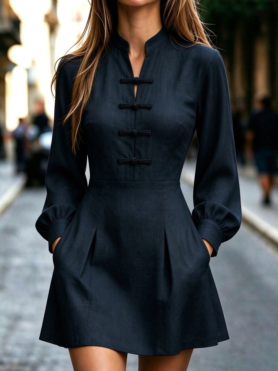 Breezaya Women's Elegant French Retro Solid Color Waist-Cinching Commuter Tea Party Brunch Dress, Fall Navy Blue - Navy Blue - View 1