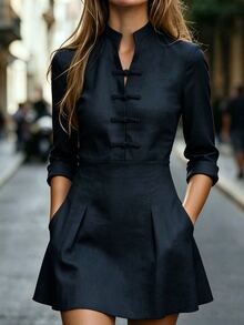 Breezaya Women's Elegant French Retro Solid Color Waist-Cinching Commuter Tea Party Brunch Dress, Fall Navy Blue - Navy Blue - View 5