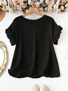SHEIN CURVE+ Elegant Casual Round Neck Short Sleeve Crinkle Decor Black Plus Size Shirt Spring Summer Autumn Office Business Brunch Formal Party Formal - Black - View 2