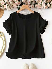 SHEIN CURVE+ Elegant Casual Round Neck Short Sleeve Crinkle Decor Black Plus Size Shirt Spring Summer Autumn Office Business Brunch Formal Party Formal - Black - View 1