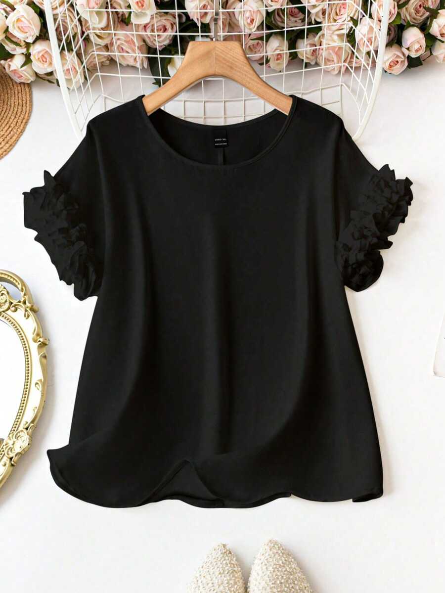 SHEIN CURVE+ Elegant Casual Round Neck Short Sleeve Crinkle Decor Black Plus Size Shirt Spring Summer Autumn Office Business Brunch Formal Party Formal - Black - View 1