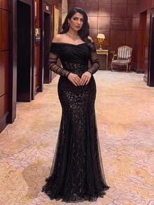 Aureia Plus Size Elegant Glamorous Black Sequin Embroidered Contrast Mesh Off-Shoulder Sheer Sleeve Fish Tail Hem With Triangle Mesh Patchwork Evening Gown Suitable For Evening Party Ball Date Vacation Wedding Event Music Festival Dinner (Heavy Workmanship Design) - Black - View 2