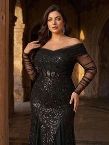 Aureia Plus Size Elegant Glamorous Black Sequin Embroidered Contrast Mesh Off-Shoulder Sheer Sleeve Fish Tail Hem With Triangle Mesh Patchwork Evening Gown Suitable For Evening Party Ball Date Vacation Wedding Event Music Festival Dinner (Heavy Workmanship Design) - Black - View 6