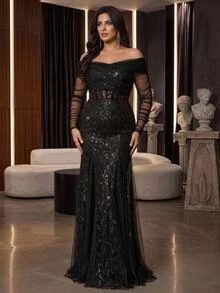 Aureia Plus Size Elegant Glamorous Black Sequin Embroidered Contrast Mesh Off-Shoulder Sheer Sleeve Fish Tail Hem With Triangle Mesh Patchwork Evening Gown Suitable For Evening Party Ball Date Vacation Wedding Event Music Festival Dinner (Heavy Workmanship Design) - Black - View 1