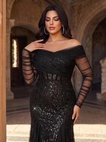 Aureia Plus Size Elegant Glamorous Black Sequin Embroidered Contrast Mesh Off-Shoulder Sheer Sleeve Fish Tail Hem With Triangle Mesh Patchwork Evening Gown Suitable For Evening Party Ball Date Vacation Wedding Event Music Festival Dinner (Heavy Workmanship Design) - Black - View 3